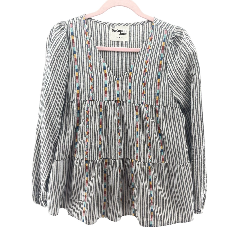 Savanna Jane Striped Textured Embroidered Long Sleeve Top Medium